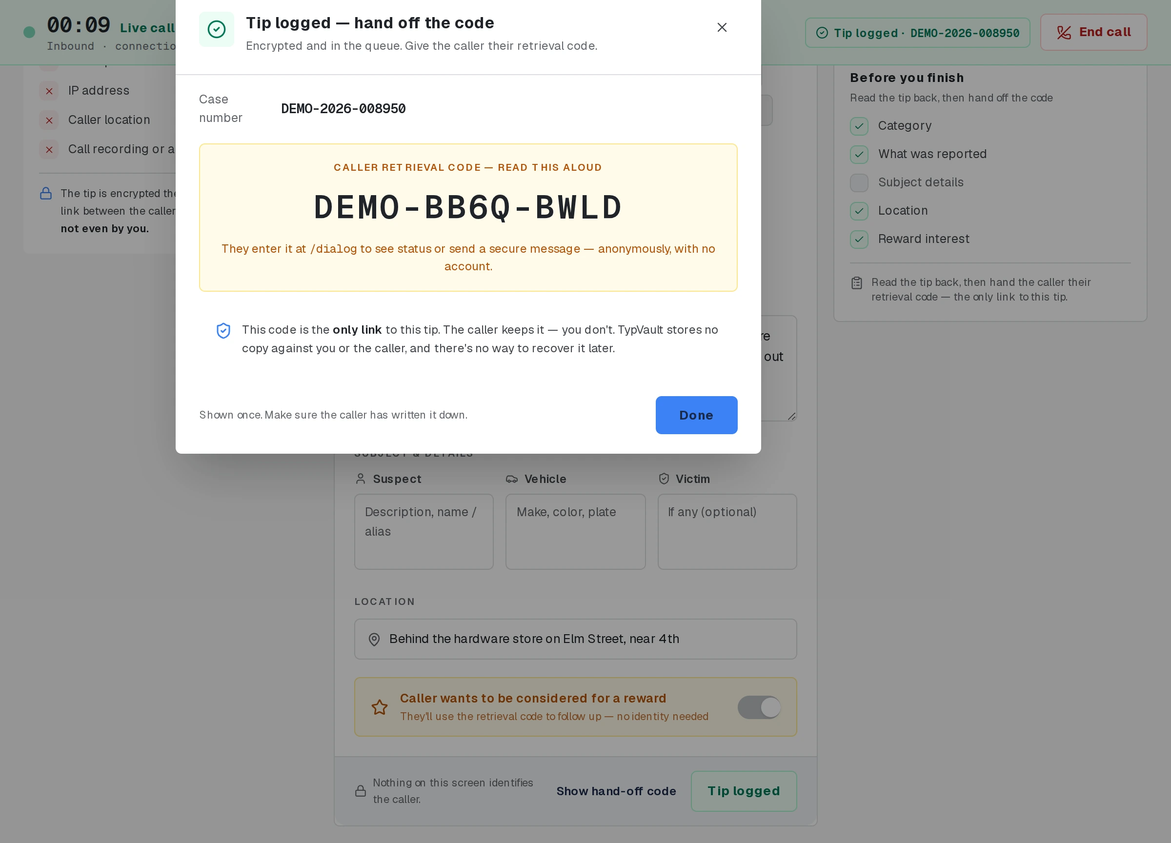 The hand-off screen: the case number and the retrieval code in large type.
