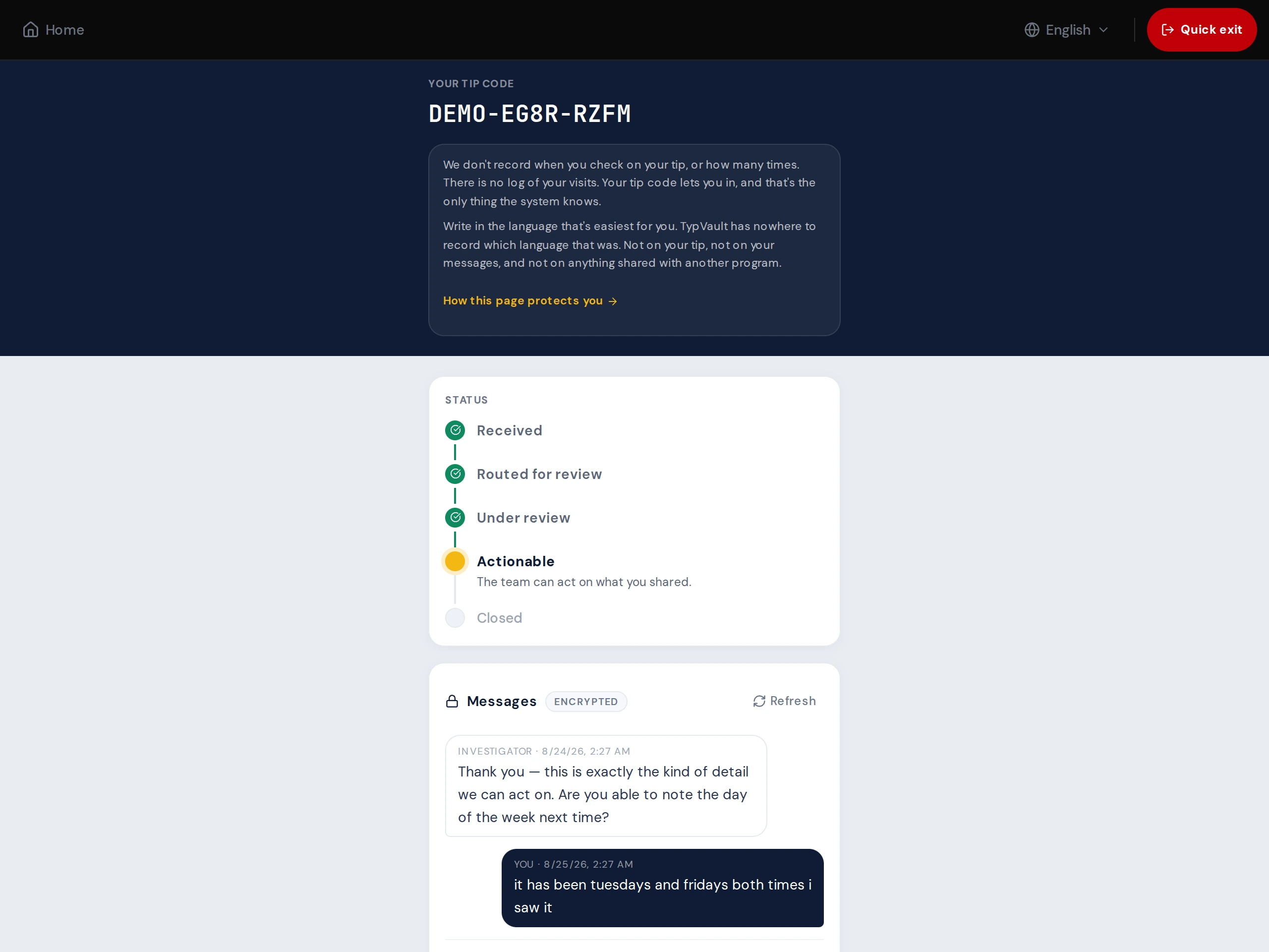 The reporter’s conversation view after returning with their code.