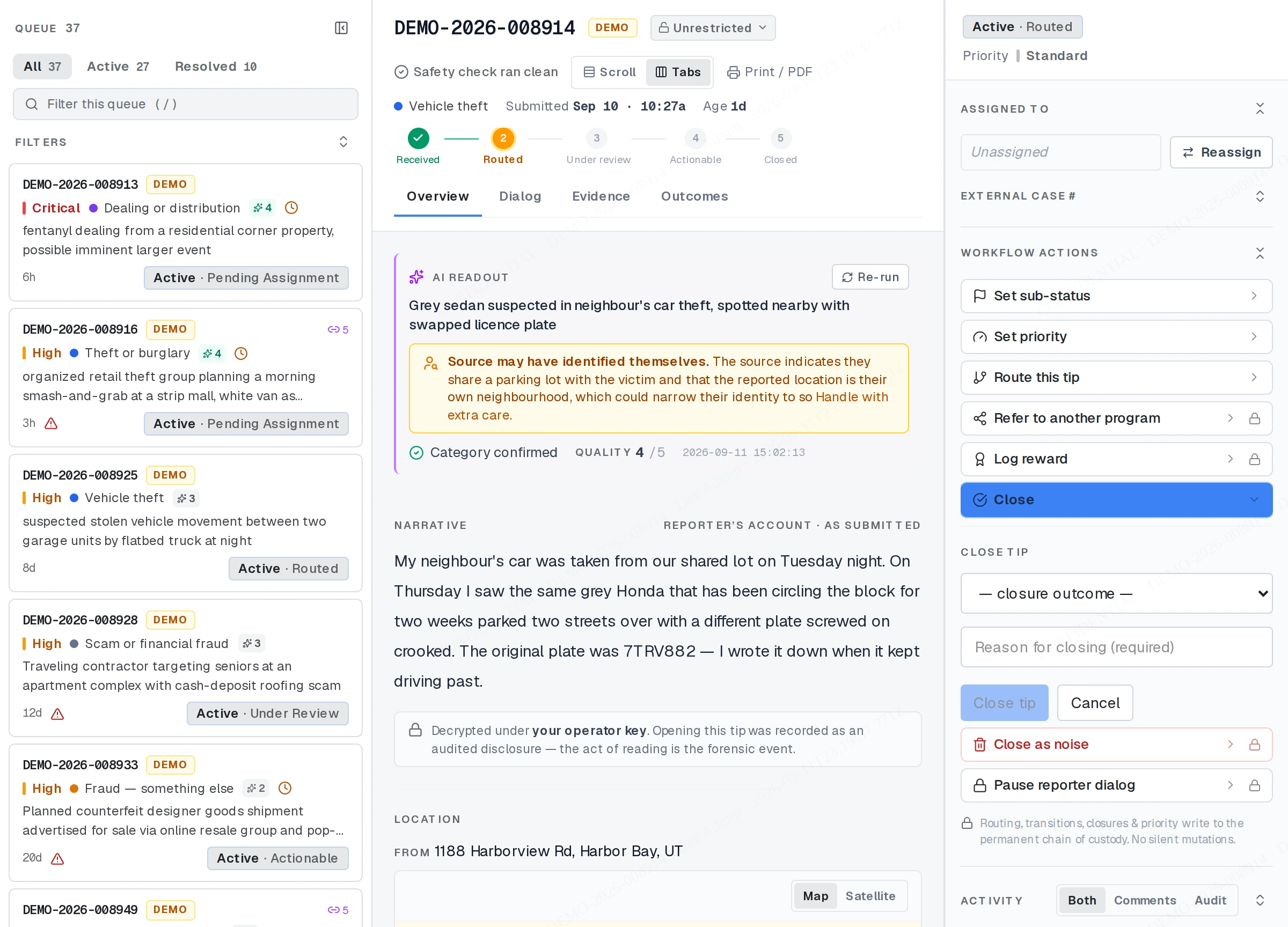 The Close action in the workflow panel of a tip.