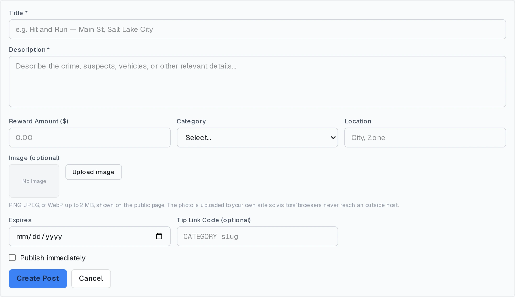 The Crime of the Week form: title, description, reward amount, category, location, image, expiry, and publish option.