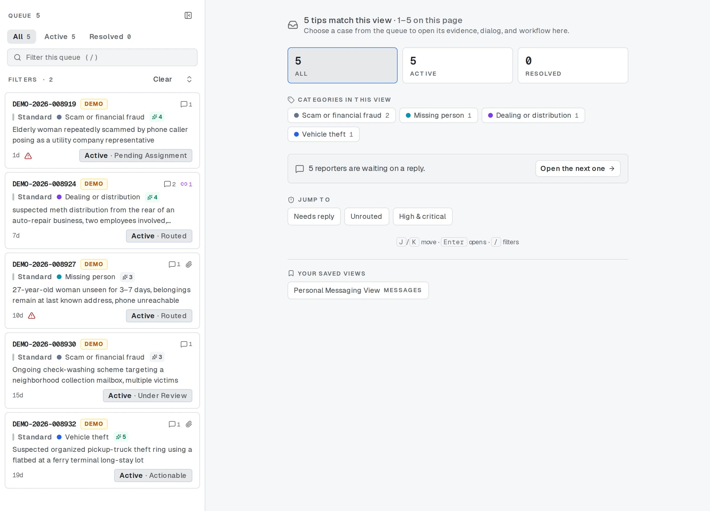 The Messages screen listing threads with new reporter replies.