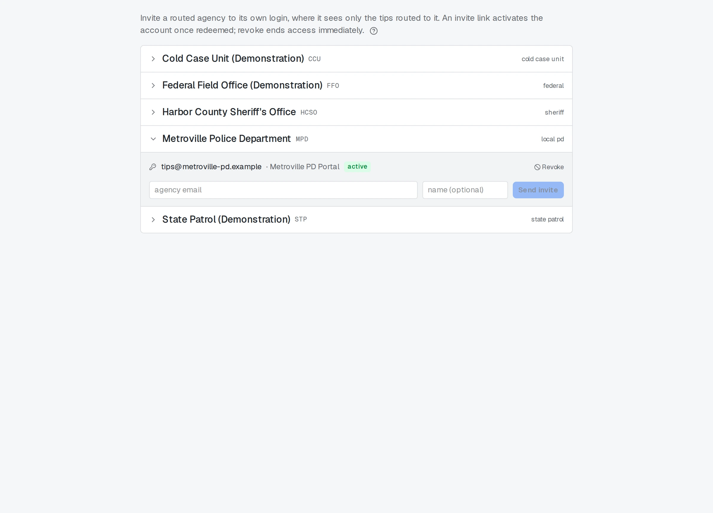 Recipient Access: an agency selected, with the invite form and its portal logins.