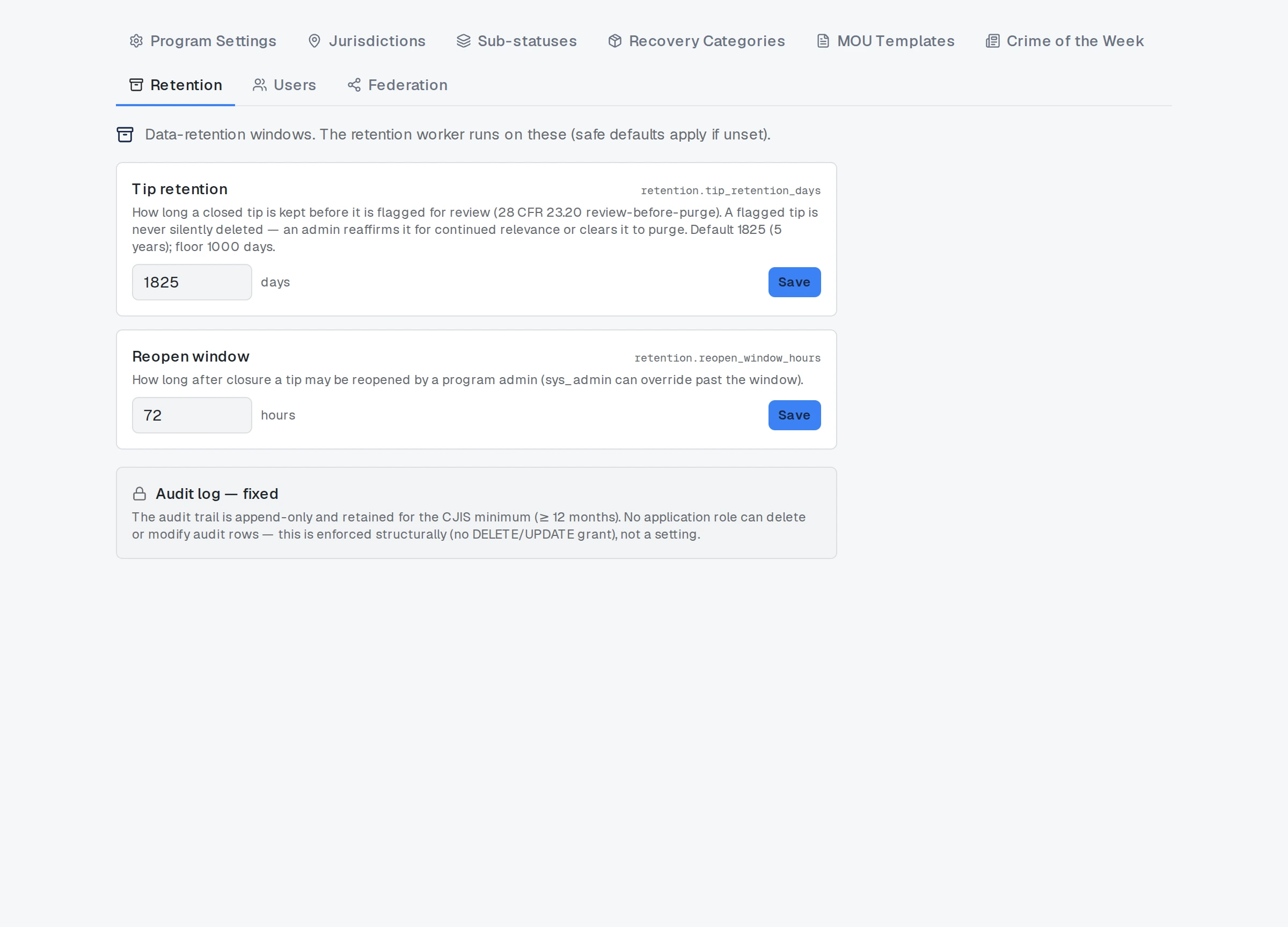 The retention settings screen.