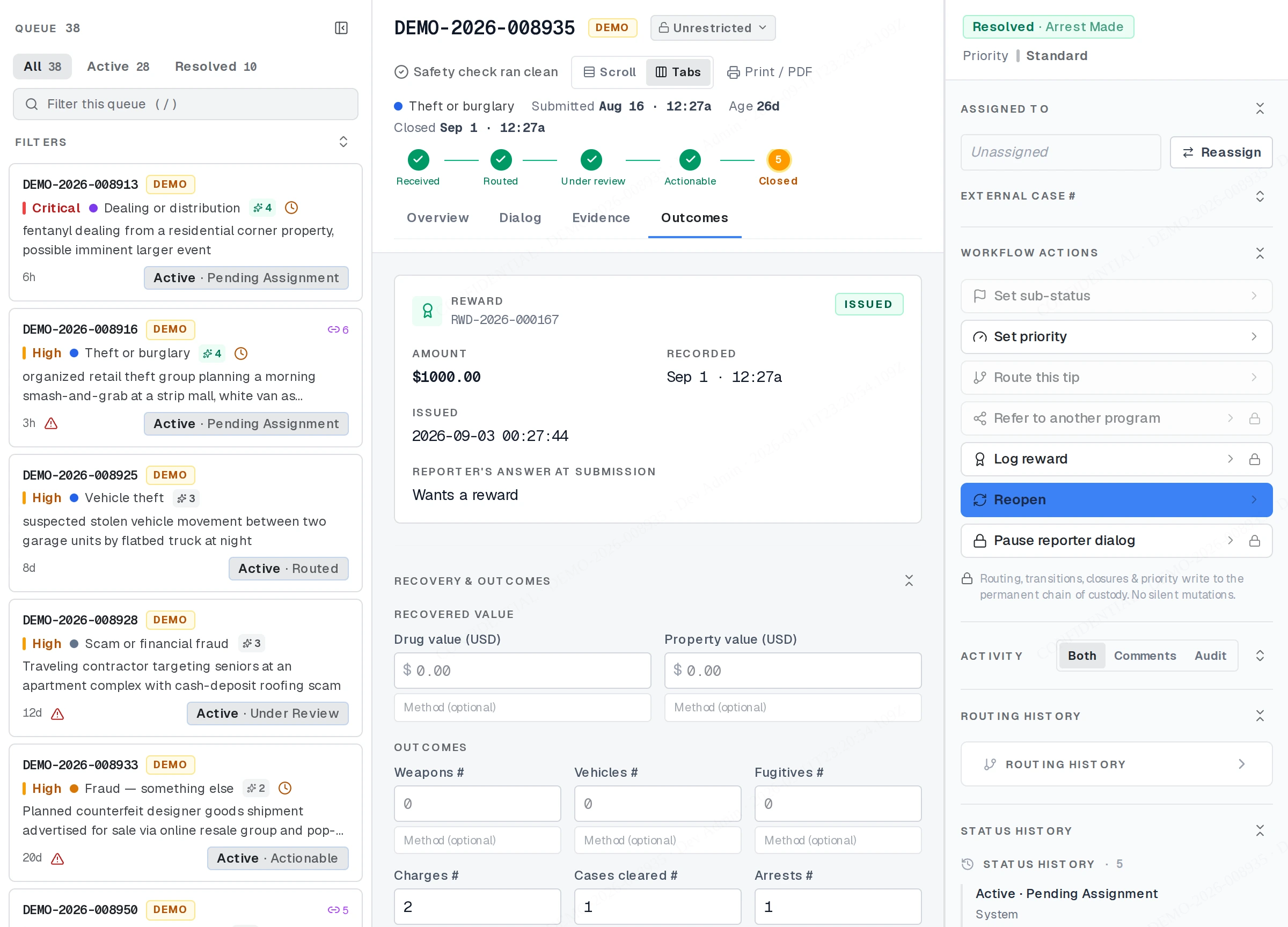 The Outcomes tab of a tip, where results are entered by hand.