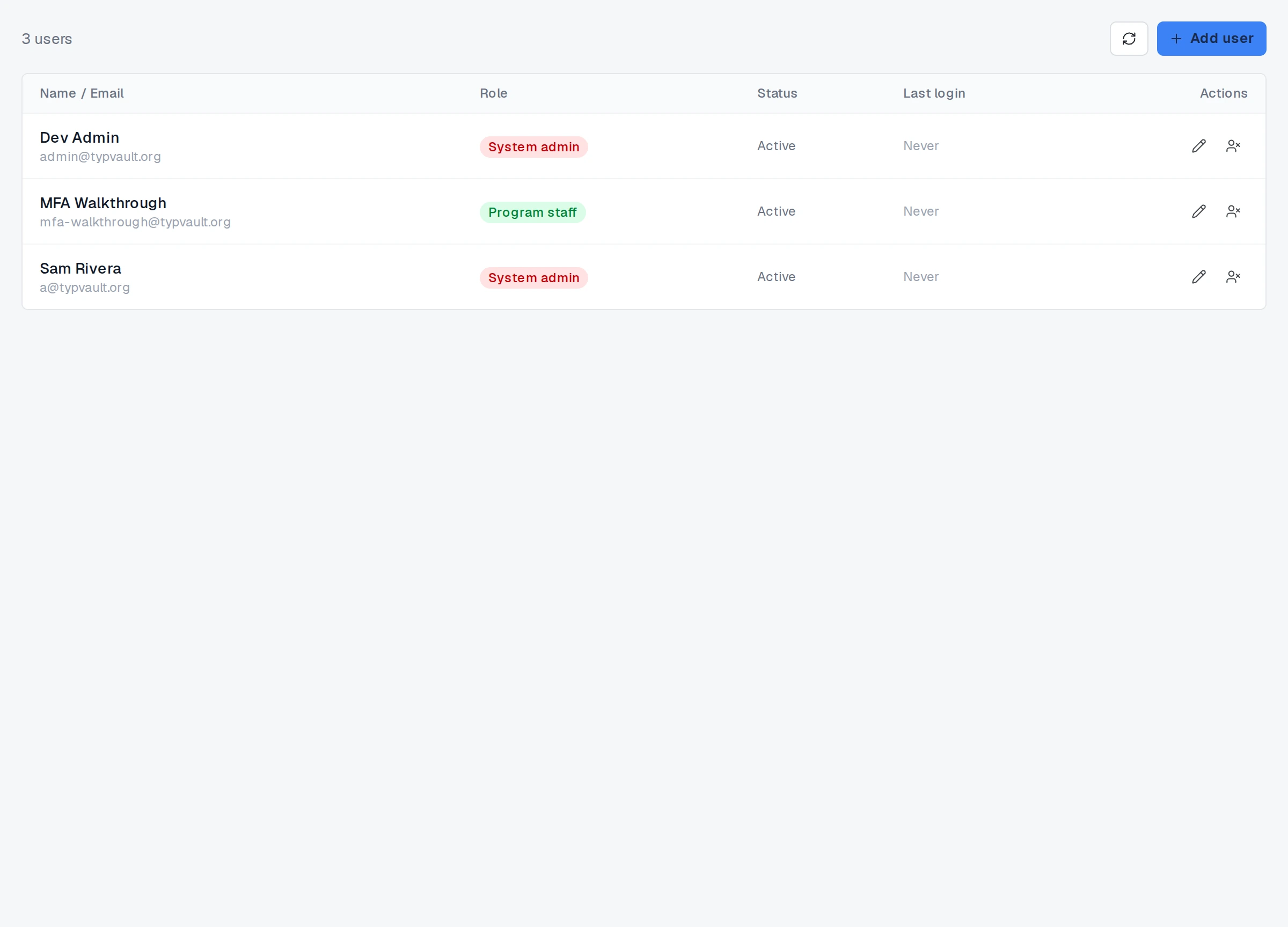 The Users screen with the Add user button.