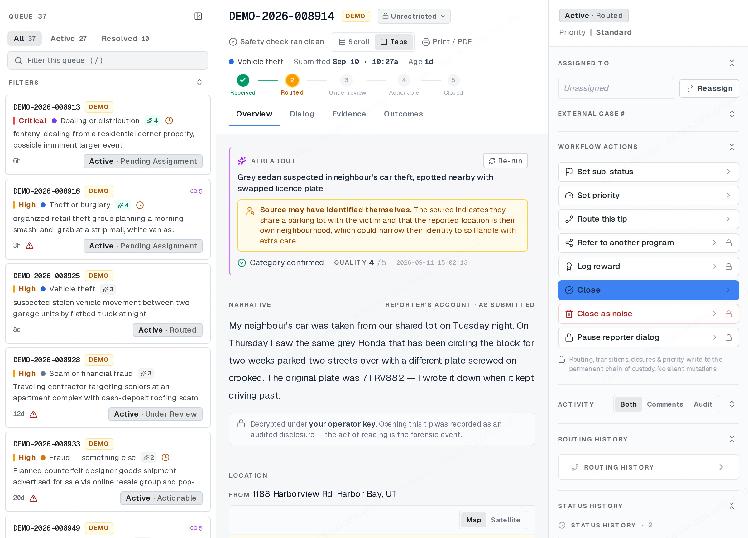 The operator workspace with the tip queue and an open tip.