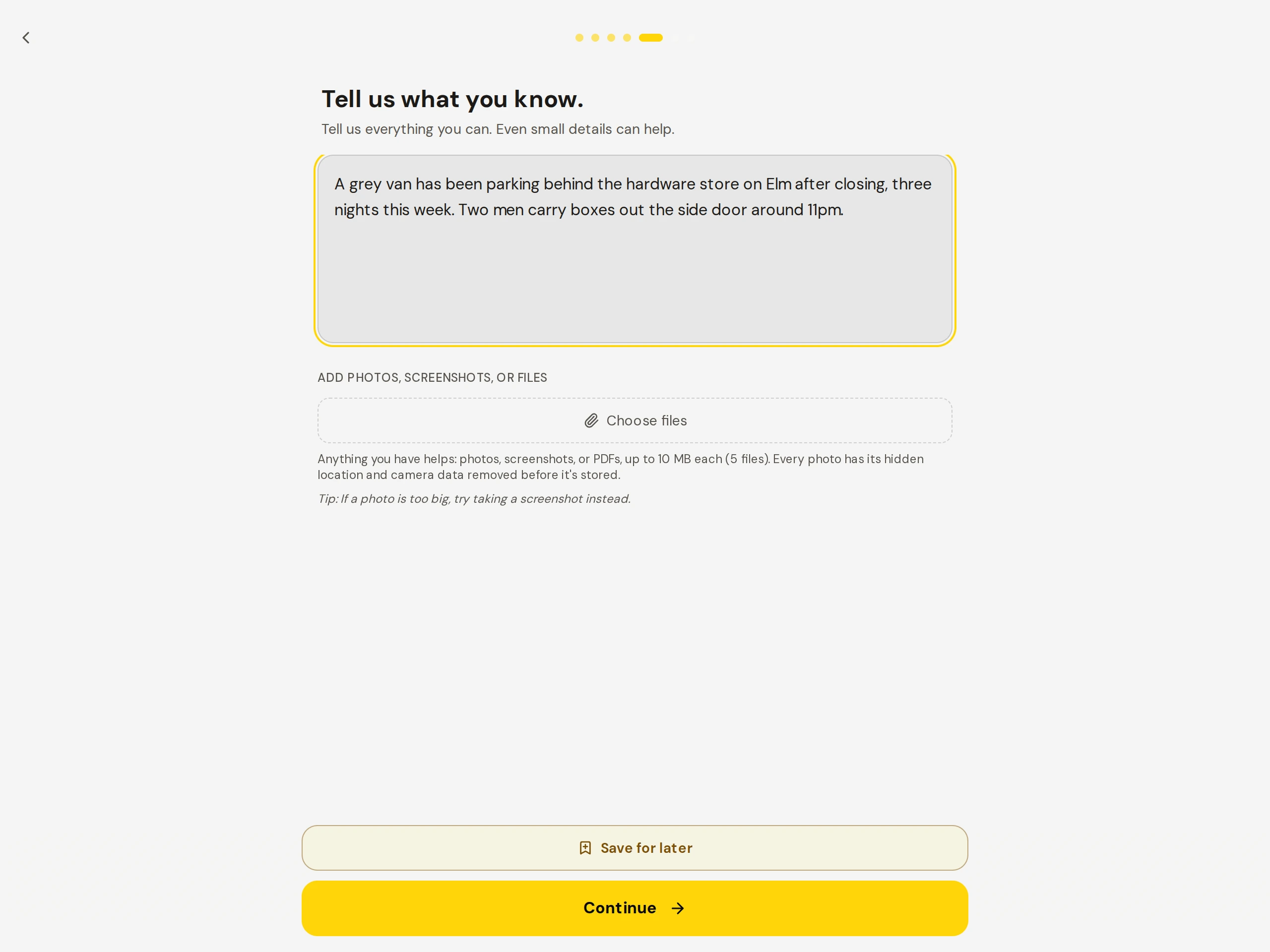 The tip intake form as the reporter fills it in.