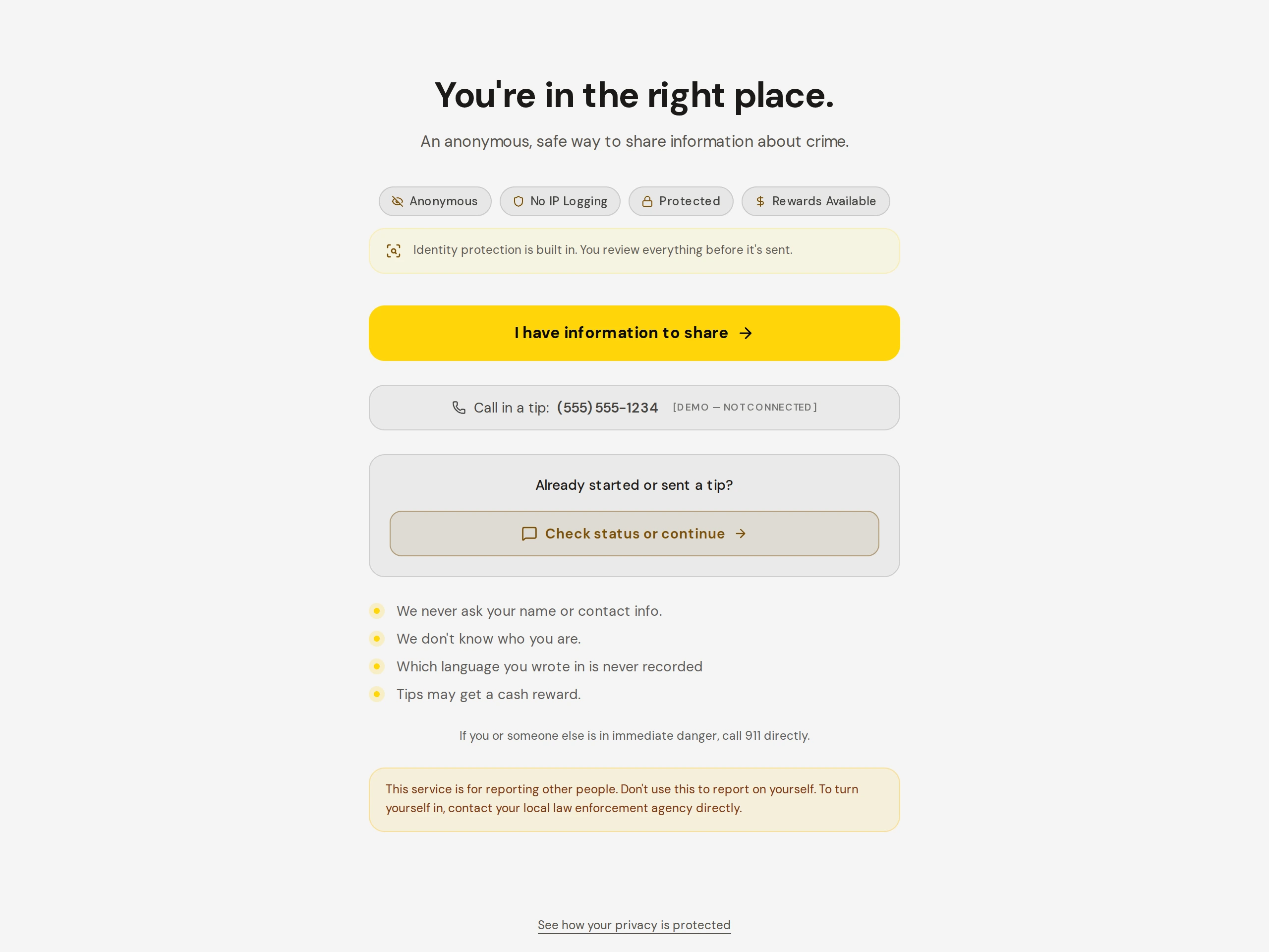 The first screen a reporter sees when submitting a tip.